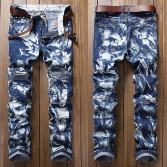men Biker jeans ripped denim slim motorcycle pant men classic rap hip hop skinny casual stretch jeans Knee zipper- Dark Blue - intl