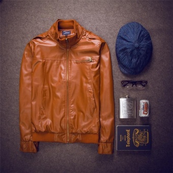 The new men 's leather collar collar jacket fashion boutique leather jacketbrown - intl
