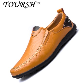 TOURSH Men Casual Leather Shoes Loafer Shoes Flat Drive Fashion Shoes yellow brown
