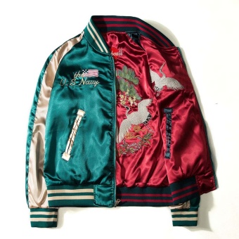 Two Sides Luxury Embroidery Bomber Jacket Smooth Men Sukajan Yokosuka Souvenir Jacket Streetwear Hip Hop Baseball Jacket - intl