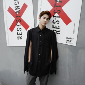 Ulzzang cool porous men Long sleeve shirts Black Black