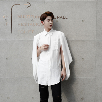 Ulzzang cool porous men Long sleeve shirts Ivory Ivory