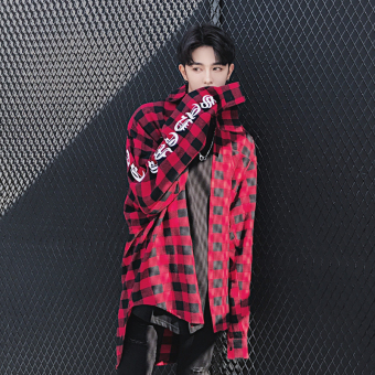 Ulzzang Korean-style men long-sleeved youth lengthened shirt plaid shirt
