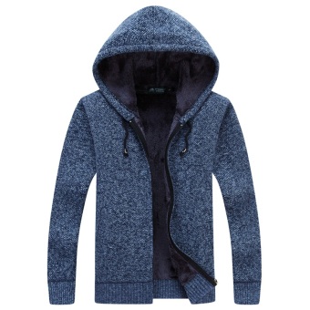 Ulzzang Plus velvet solid color youth men's hooded cardigan sweater Blue