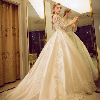 Yuanfeishani palace bride long tail wedding veil dress for women (Ivory white satin small drag)