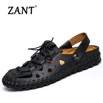 ZANT Summer Sandals Men Fashion Designers Beach Shoes Brand Leather Slippers For Men Lelaki Sandal Fesyen-Black