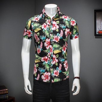 ZMGANG Men Floral Slim Fit Short Sleeve Beach Turn Down Collar Casual Shirt - intl