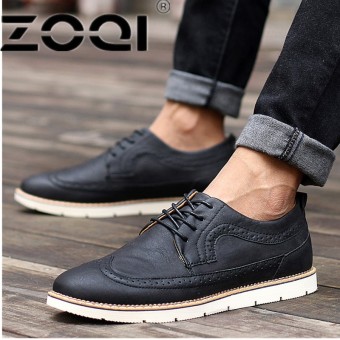 ZOQI Genuine Leather Oxford Brogue Shoes Luxury Brand Men's Flat Formal Dress Shoes Round Toe Lace Up OxfordsBlack - intl