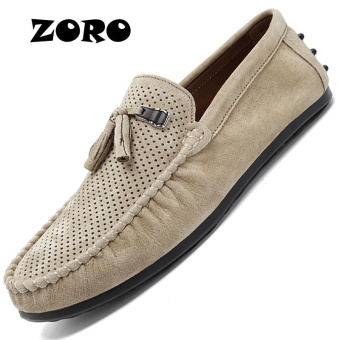 ZORO Summer Loafers Men Shoes Casual Genuine Leather Flats Shoes Soft Male Moccasins Breathable Gommino Driving Khaki - intl