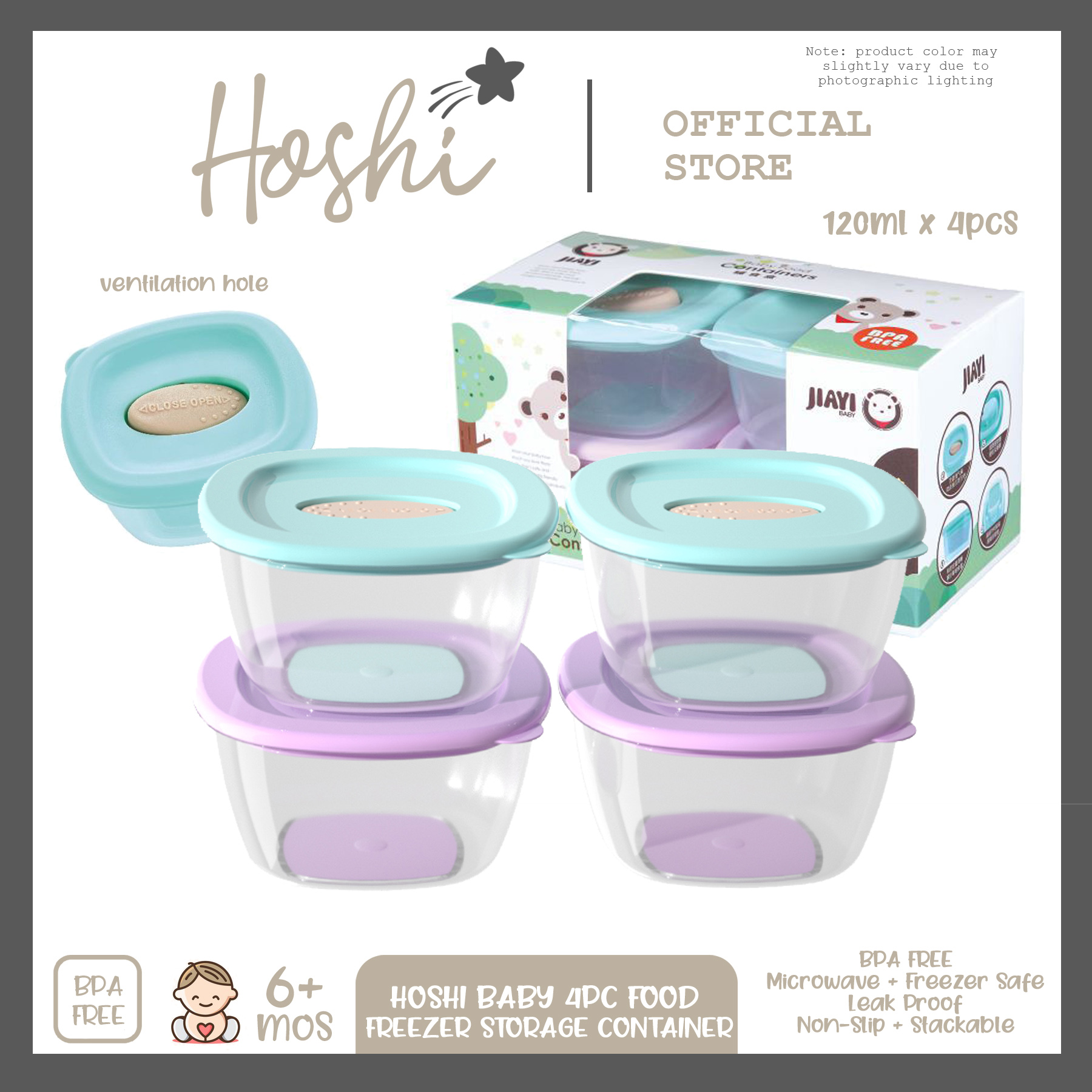 Hoshi Baby 4pc Baby Food Freezer Storage Container Cubes BPA Free Airtight Freezer Safe 6M+