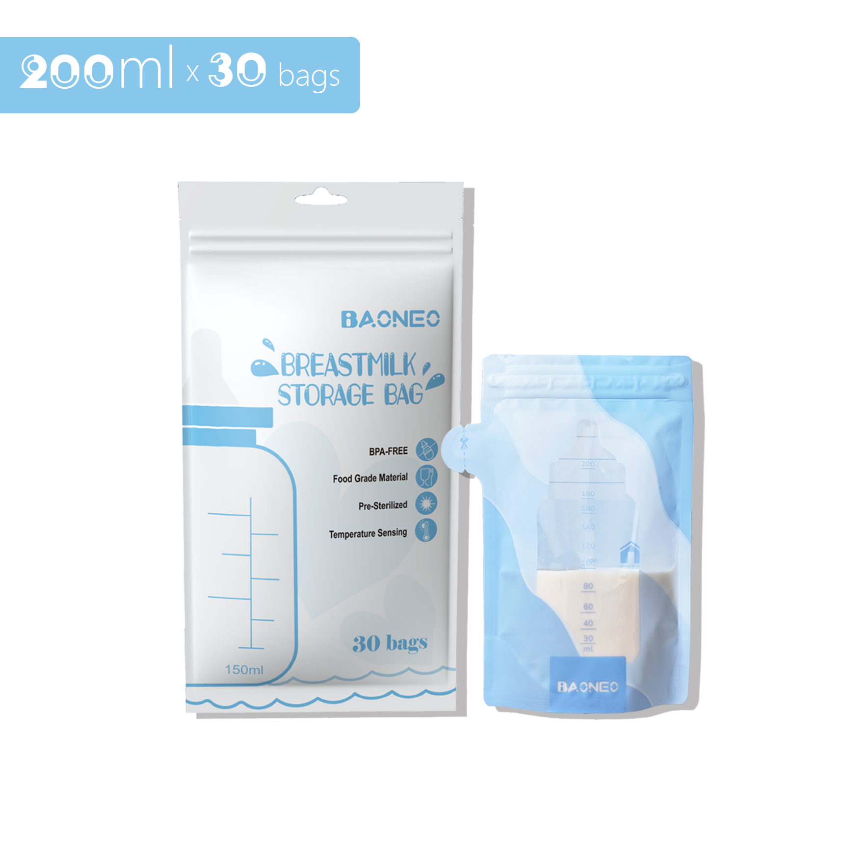 BAONEO 200ml Breastmilk Storage Bags Presterilized Hygienically Doubled-Sealing for Freezing 30bags 6.7oz