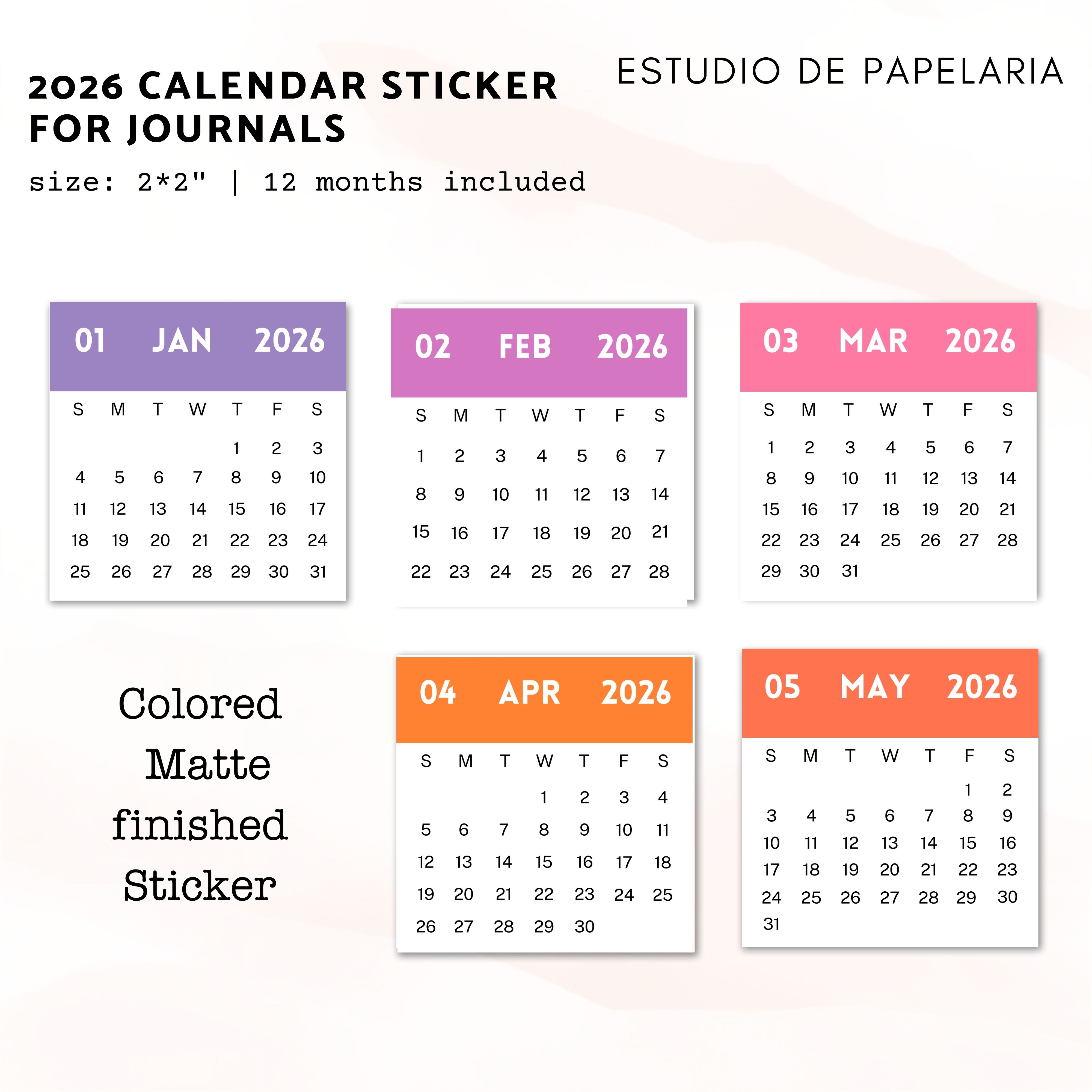 Estudio | Minimalist 2026 Calendar Sticker for Journals -12 months included