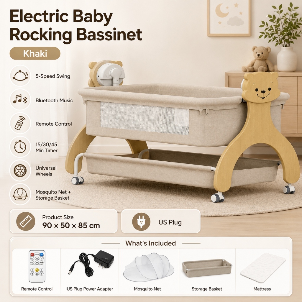 PlayPark Kids Electric Baby Cradle Swing Foldable Baby Bed with Mosquito Net Bluetooth 5 Speeds Portable Bassinet for Newborn