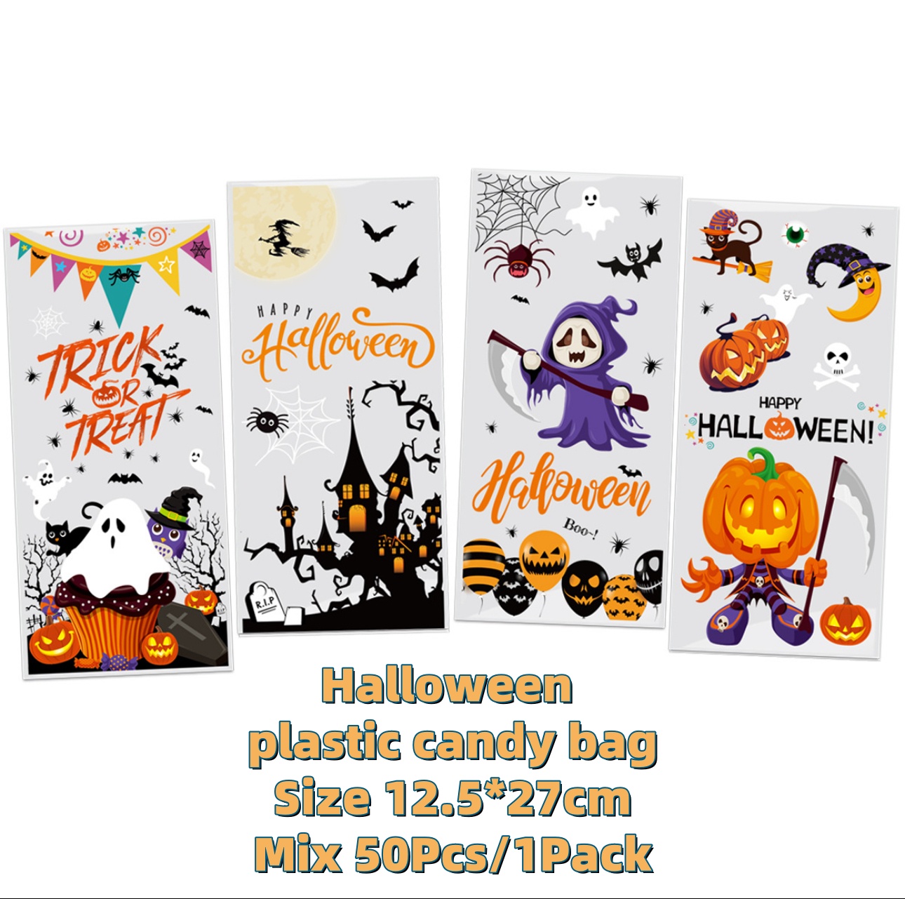 50pcs Cute Candy Bag Plastic Bags With Ribbon For Happy Halloween Gift Bag Birthday Supplies