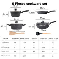 JEETEE 9PCS Non Stick kitchenware Cookware Set Granite No PFAS& PTFE& PFOA Induction & Gas Compatible Kitchen Cooking Set