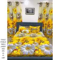 4in1 SUNFLOWER  (1 Fitted BED Sheet &  2 Pillow Cases FREE 1PC Curtain 50x75) 4Corner Garterized High Quality Premium Canadian Cotton Bed Sheet Collection (Single / Double / Queen / King)