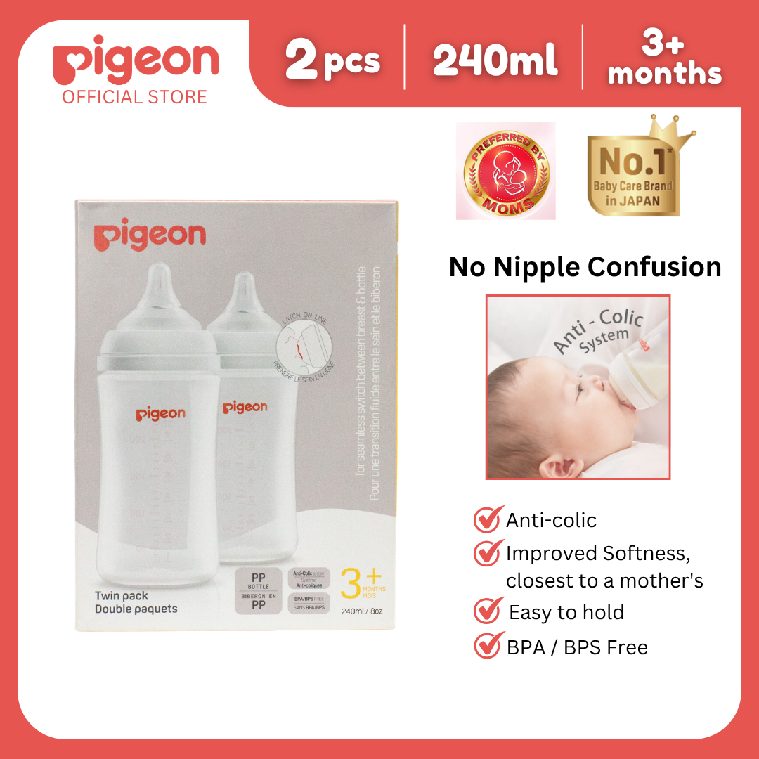 Pigeon Official - New and Improved Wide Neck PP Feeding Bottle 240ml Twin Pack Medium Flow for 3+ Months Babies Anti Colic No Nipple Confusion AVS System Latch On Line BPA Free Ultra Soft Flexible Nipples Japan No. 1 Brand