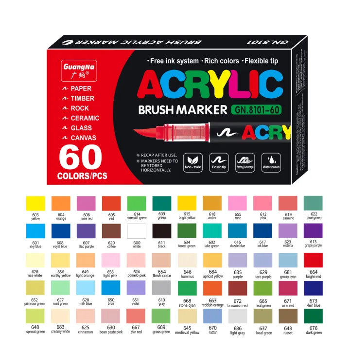 60 Colors Acrylic Marker Pens Waterproof Pen Soft brush Nib Student Art For Glass Stone Metal Glass Wood Plasctic Paper