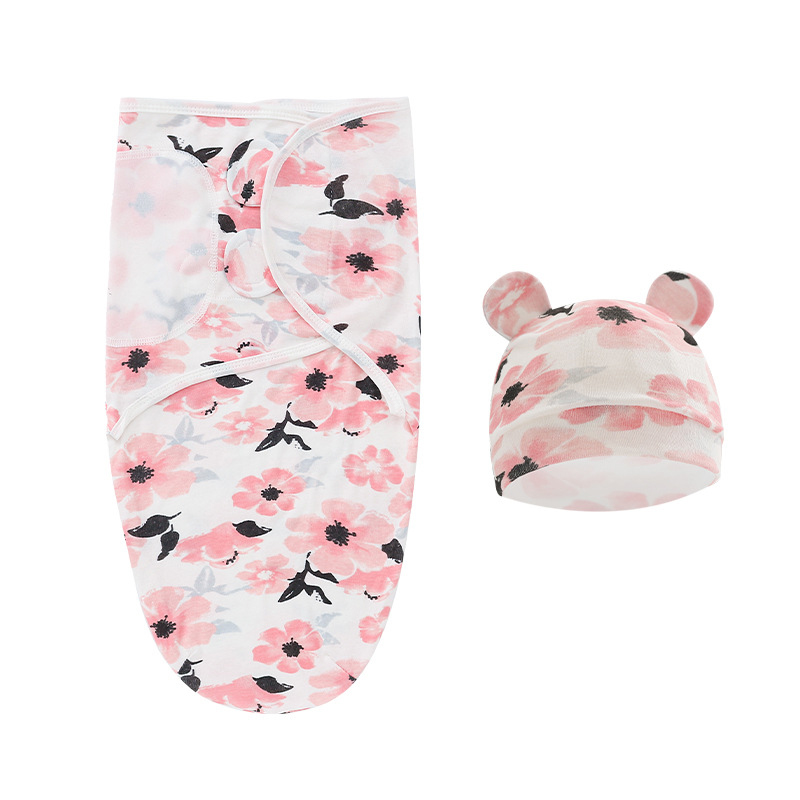 Baby Swaddle Bonnet 2 IN 1 Sets Newbaby Baby Sleep Sack with Adjustable Magic Sticker Gift Baby Receiving Blanket Wrap