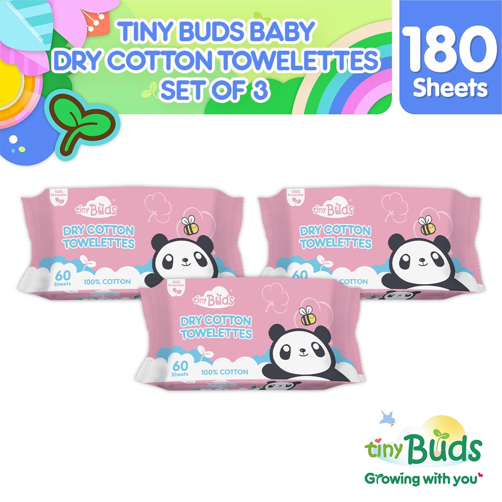 Tiny Buds Baby Dry Cotton Towelettes (60 pulls) - Set of 3