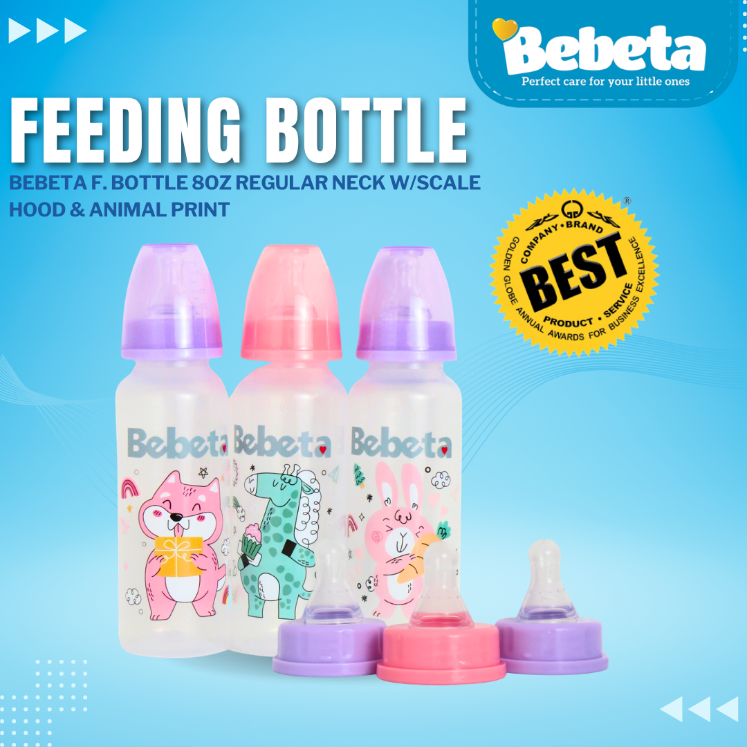 Bebeta Feeding Bottle 8oz Regular Neck with Scale Hood and Animal Print 3pcs/pk