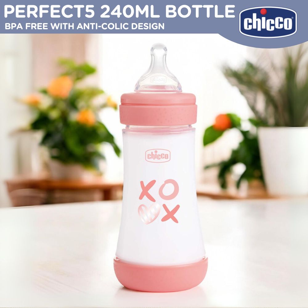 Chicco Perfect5 Baby Feeding Bottle 240ml - Pink with Anticolic - Wide Neck Bottle For Baby Feeding Bottle For Baby Girl wideneck