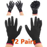 【Best Quality】12Pair Gloves Rubber Multipurpose Black Stretchable Rubber Coated Working Gloves Construction Safety