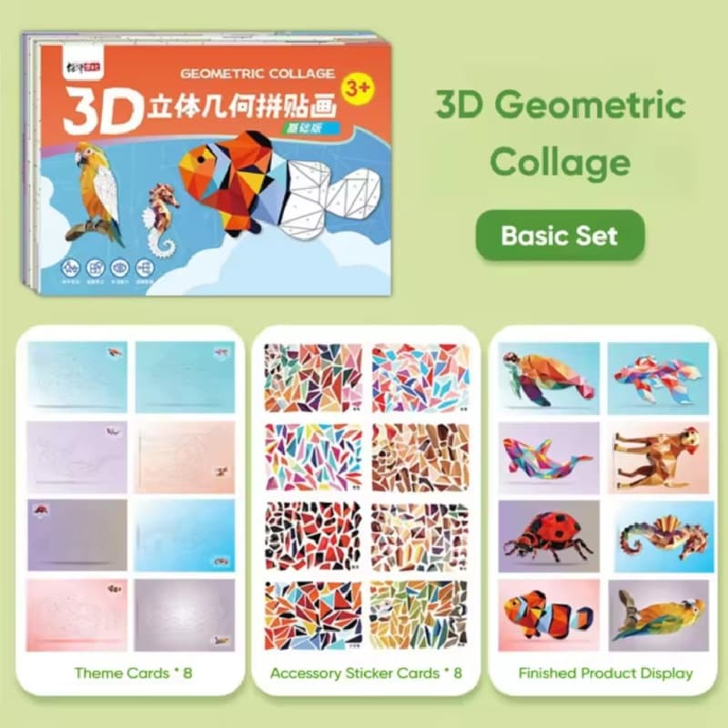 Kids 3D Geometric Collage Kit Children Educational Toys Cartoon Handmade Craft Stickers Set Gifts