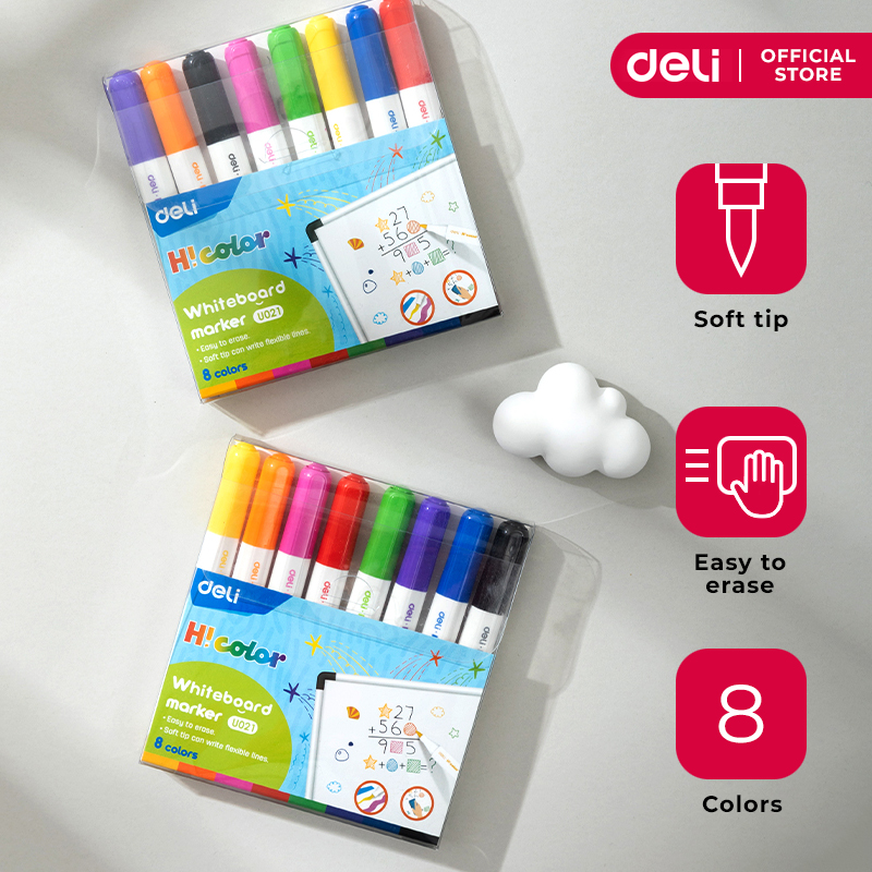 Deli U021 Kids Whiteboard Marker Soft Tip 8 Colors Non-Toxic Low Odor Easy Erase Vivid Color School Supplies