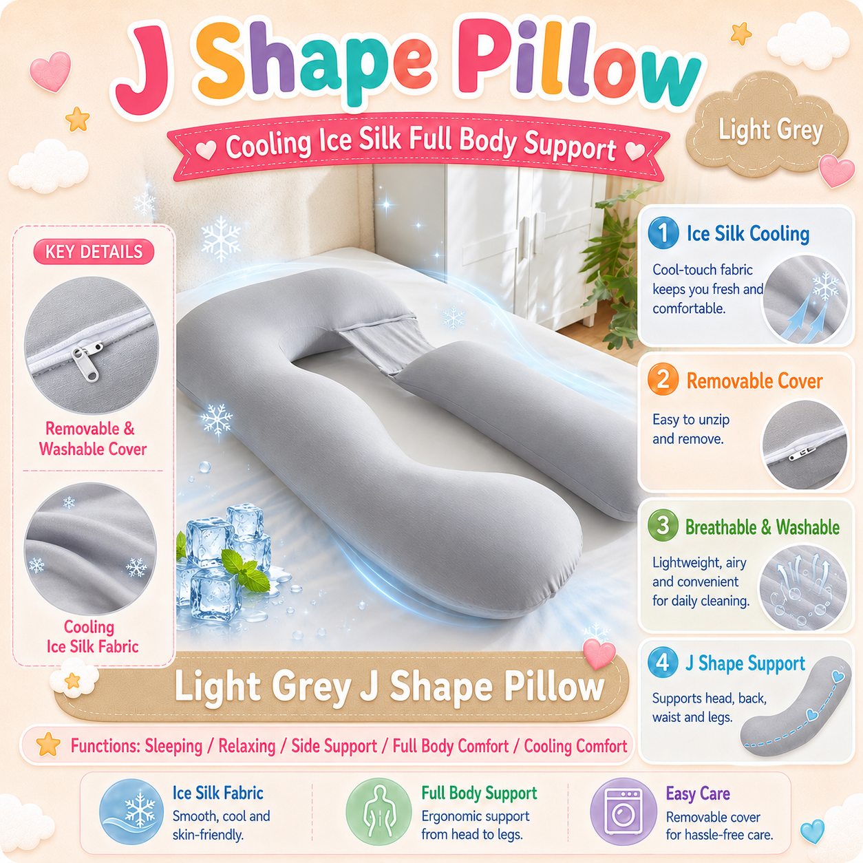 PlayPark Pregnancy Pillow U Shaped Maternity Pillow Full Body Support Cooling Bamboo Cover Removable Washable 1.8m