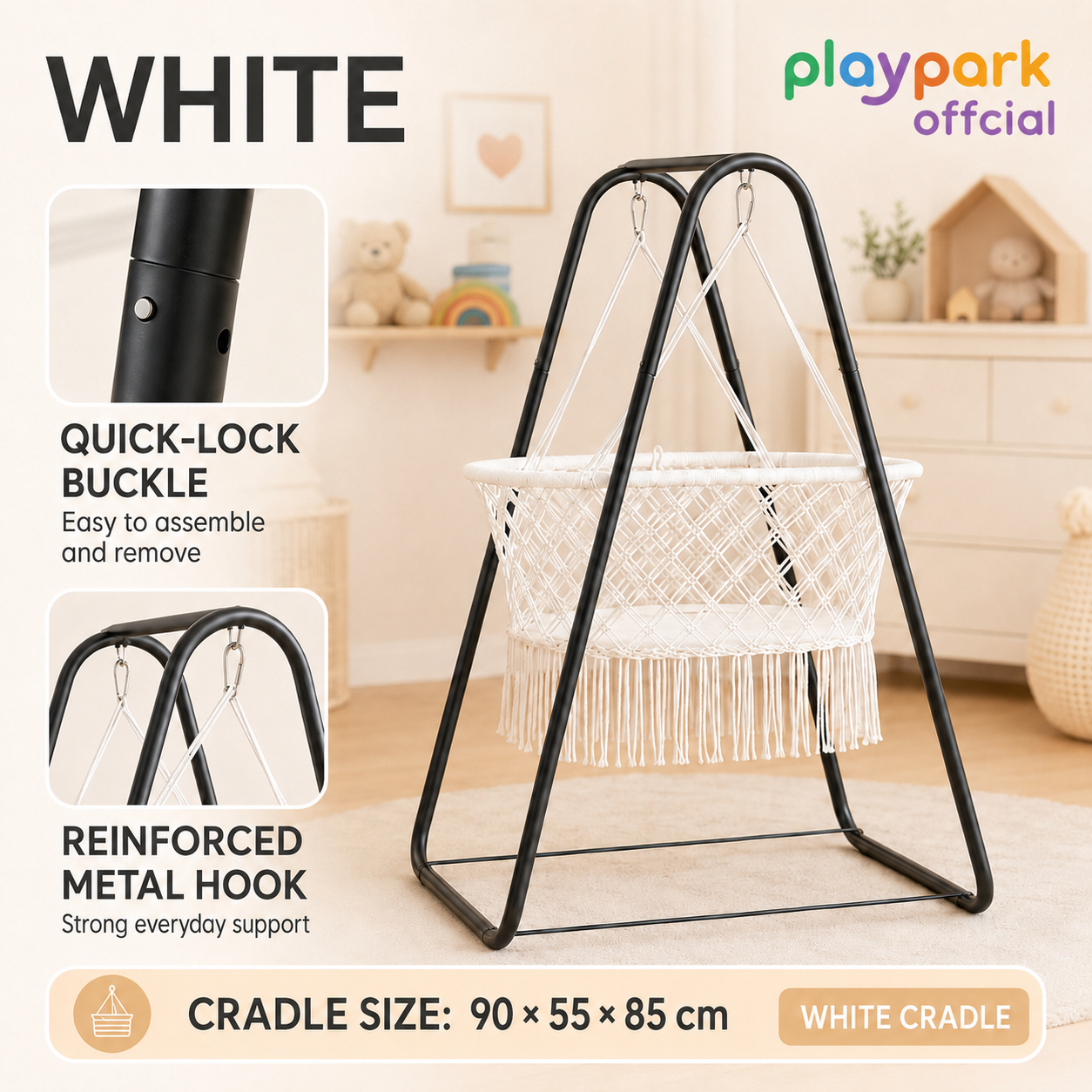 PlayPark Duyan for Baby with Metal Stand Full Set Heavy Duty Cotton Rocking Cradle Hanging Bassinet Baby Bed