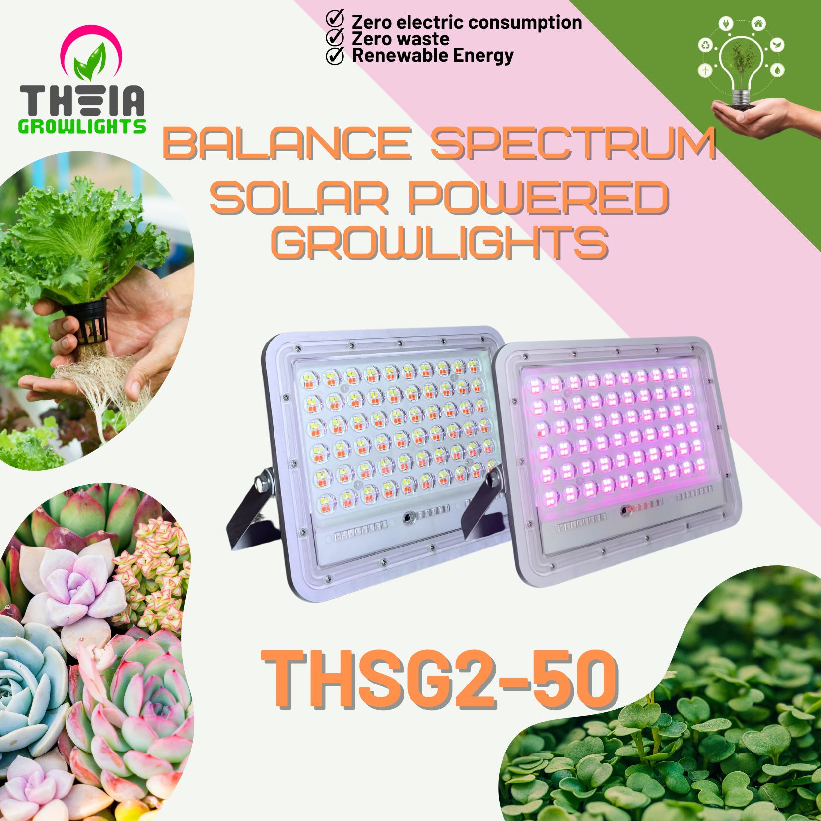 THEIA Solar Grow light 50 Watts-Eco-Friendly Solar Powered Grow Light/Full Spectrum Energy