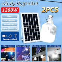 Solar LED Bulb 2PCS with Solar Panel Rechargeable 3‑Gear Dimming USB Charging Emergency Light for Camping Night Market Indoor Outdoor
