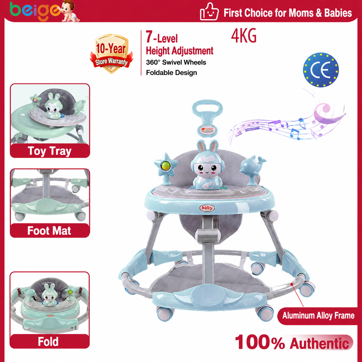 Beige Baby Walker Boy&Girls Foldable Anti-O-Leg Anti-Tip Adjustable Height Multifunctional Learning Cart With Music Light Handle Toy Walking Trainer