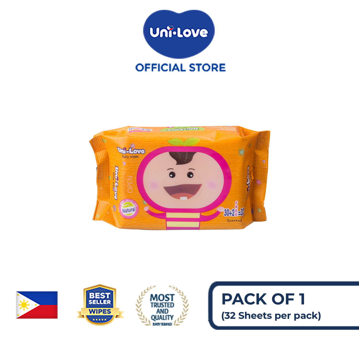 UniLove Powder Scent Baby Wipes 32s Pack of 1 - 99% Water| Hypoallergenic | Alcohol Free | No harmful chemicals | with Aloe Vera | Safe & Gentle | FDA Approved