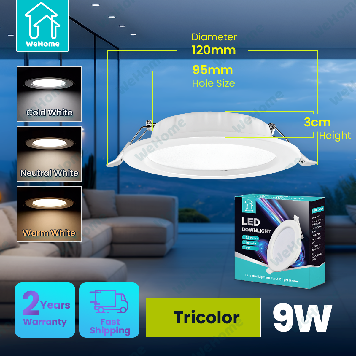 WeHome Ultra Thin LED Ceiling Light Pin Light Panel Lights 3 Colors 3500K/4000K/6500K Selectable 5W 9W 12W LED Recessed Downlight for Living room Bedroom Bathroom Office