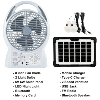 (Free Solar Panel) Solar Rechargeable Electric Fan Desk Fan with LED Light Fm Radio Bluetooth Speaker Promo Sale