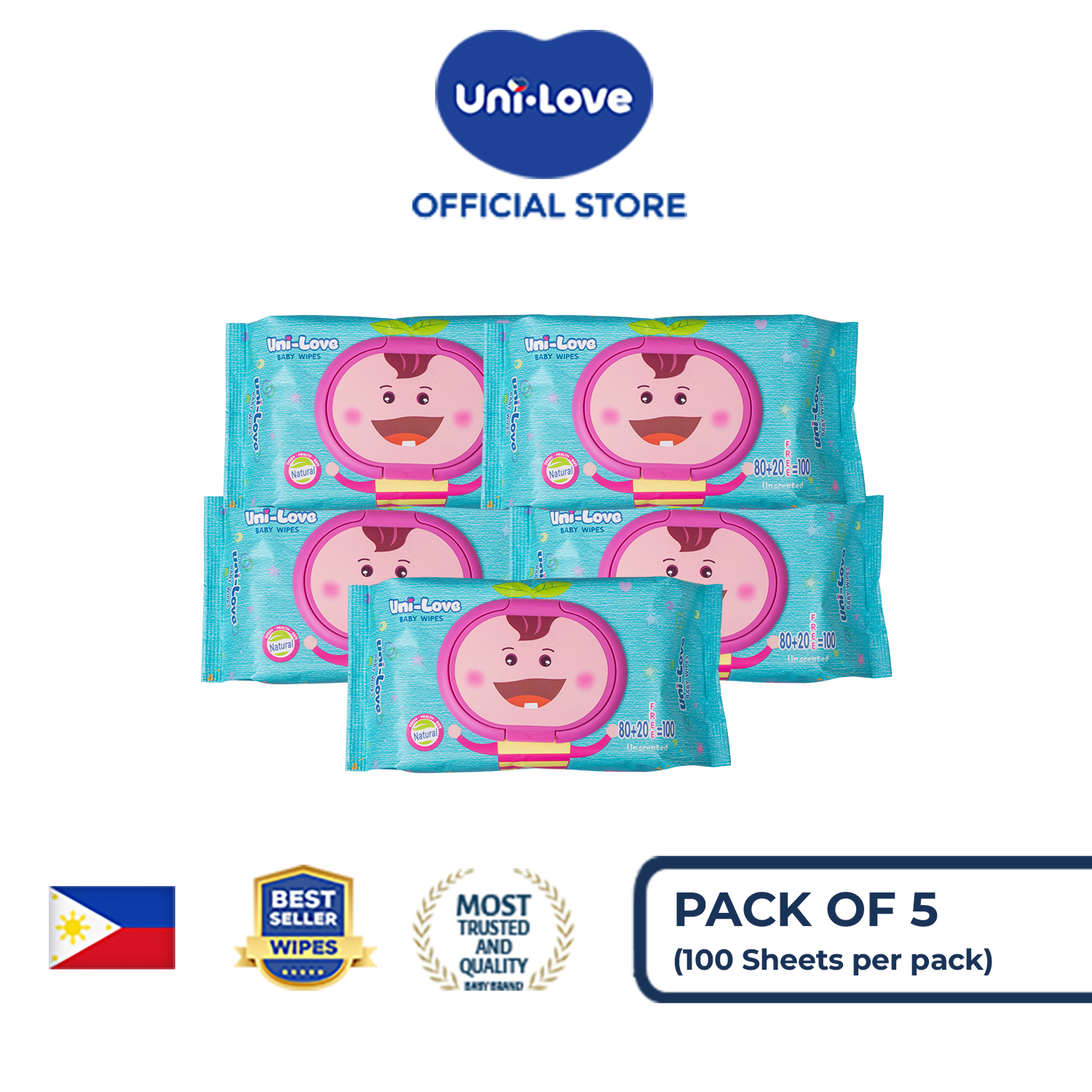 UniLove Unscented Baby Wipes 100s Pack of 5 - 99% Water| Hypoallergenic | Alcohol Free | No harmful chemicals | with Aloe Vera | Safe & Gentle | FDA Approved