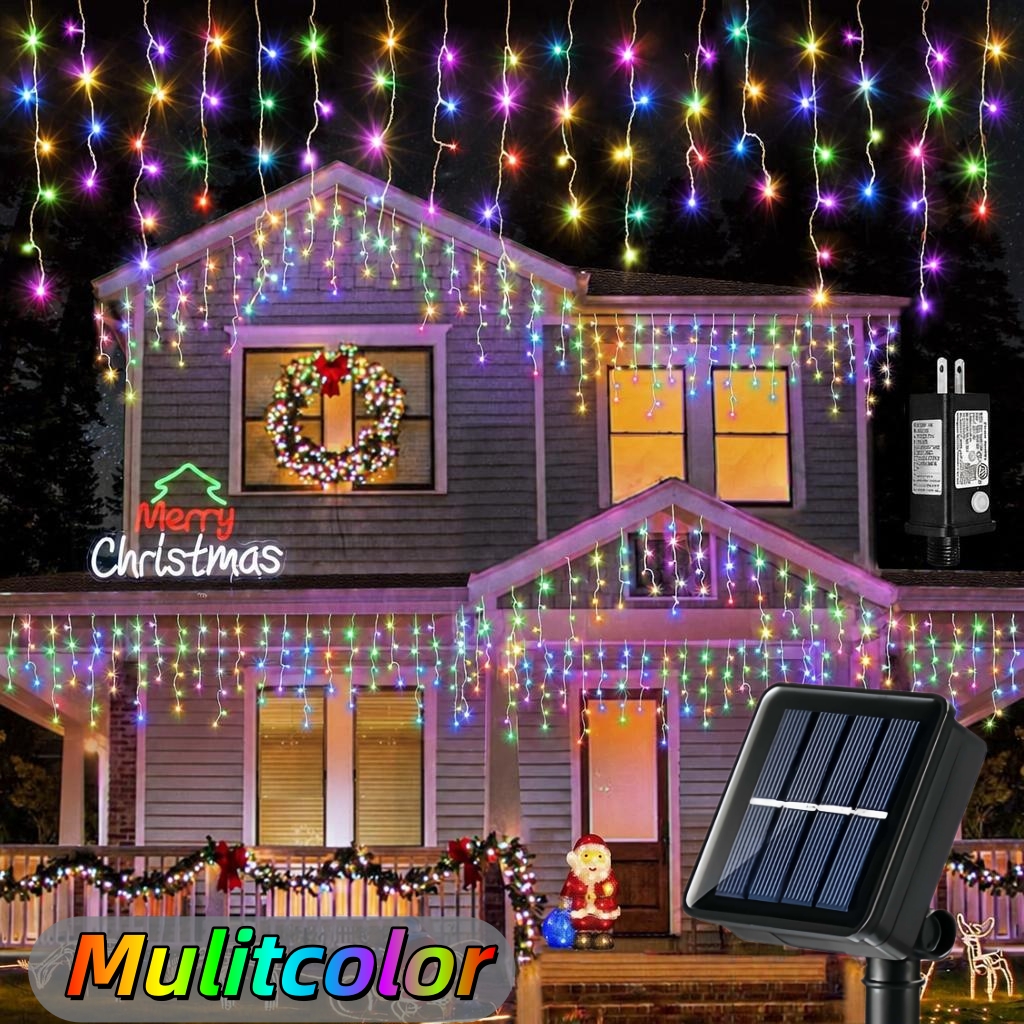 9M Solar Christmas icicle lights LED curtain light for outdoor waterproof Chrismas light string light meteor shower waterfall fairy light birthday newyear wedding home party decor garden eaves music dinningroom warm festival holiday romantic