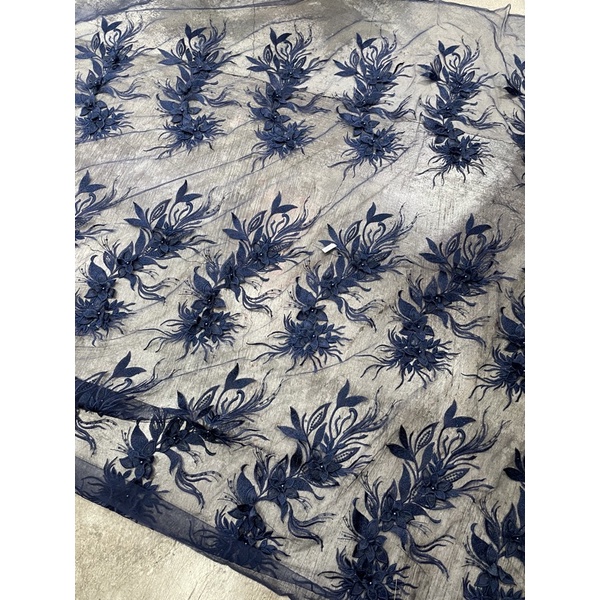 3D Lace : Navy Blue Flowers 60” (2.5yards)