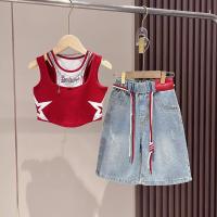 Korean Red Short-sleeve Top and Jeans Mid-thigh Pants Clothes Set For Girls