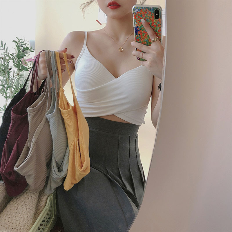 Korean style sexy bottoming short vest Cross halter top for women