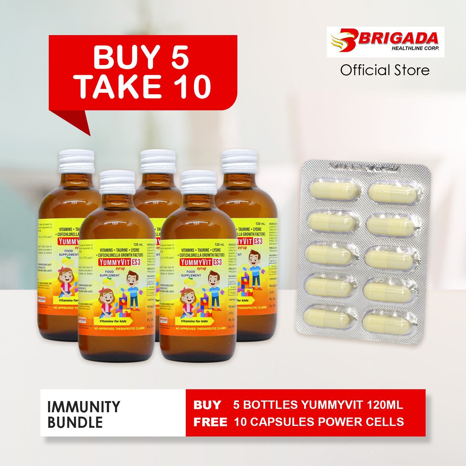Immunity Bundle: 5 Bottles YummyVit ES3 Syrup 120ml + 10 capsules Powercells