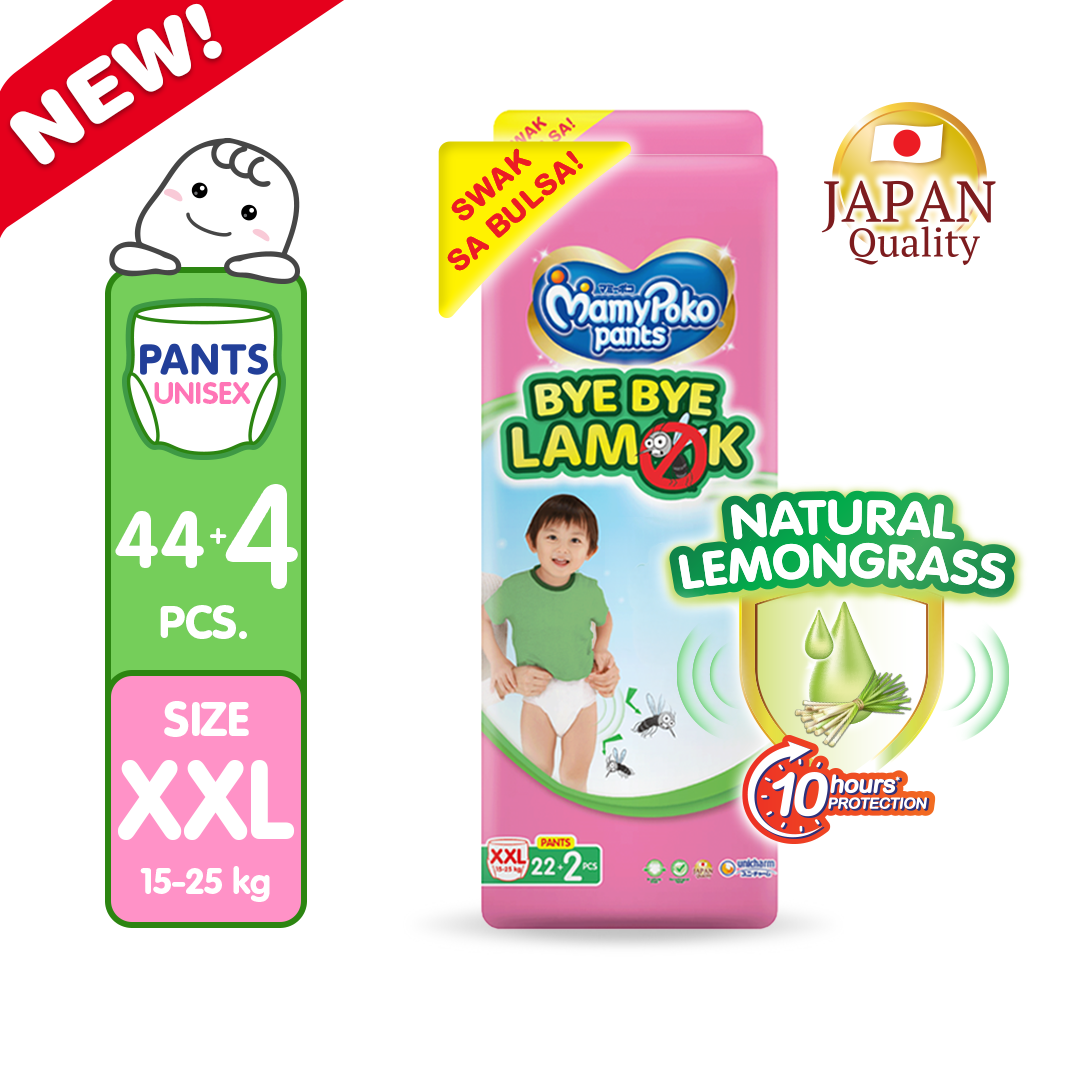 [DUO PACK] Mamypoko Bye Bye Lamok Disposable Pants Diaper - XXL (22pcs + 2 Free) x 2 Packs