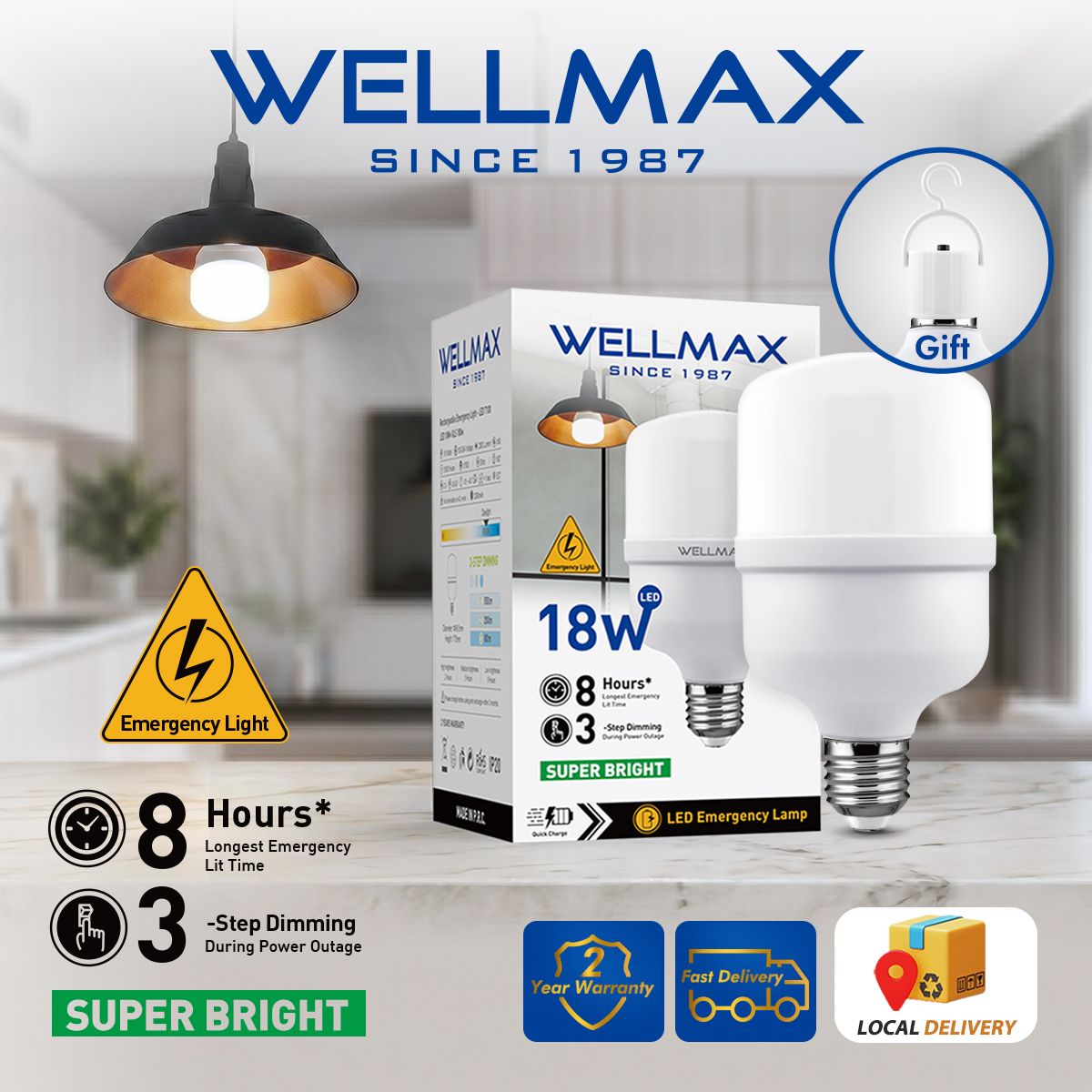 WELLMAX Emergency T-Bulb 2-in-1 Portable Camping Lamp with 3-Level Dimming Extra Large Size 6-8H Backup Battery 95% Energy Saving Outdoor Tent Light for Power Outage
