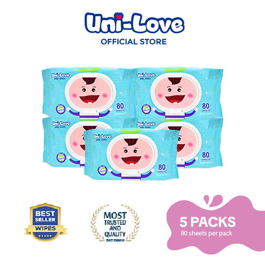 UniLove Unscented Baby Wipes 80s Pack of 5 - 99% Water| Hypoallergenic | Alcohol Free | No harmful chemicals | with Aloe Vera | Safe & Gentle | FDA Approved