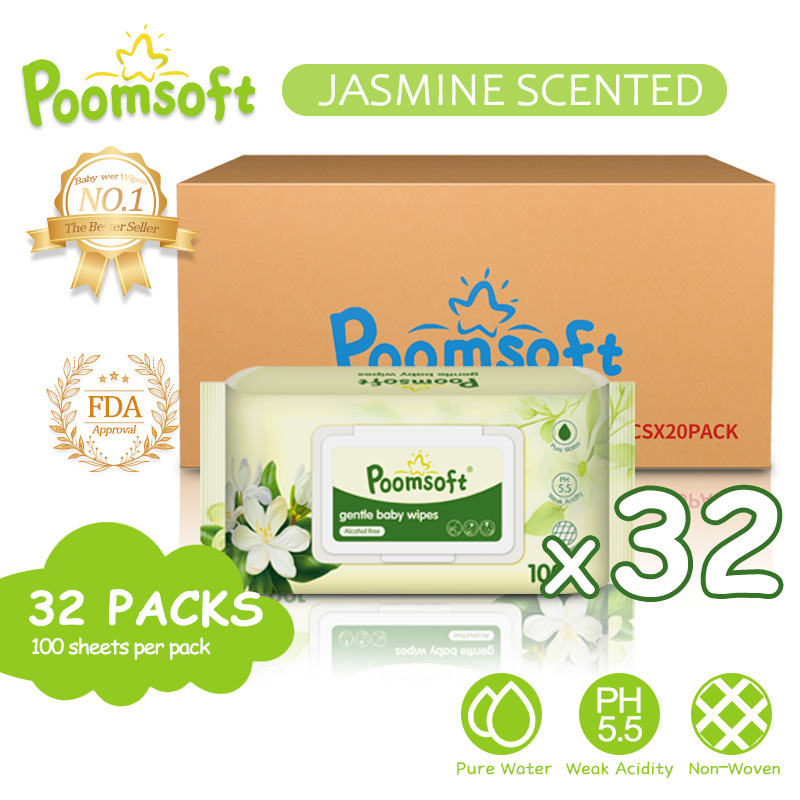 Poomsoft 32 Packs x 100 Sheet Jasmine Scented Baby Wipes Alcohol-Free Gentle Wipes Disposable Cotton Wipes In Box
