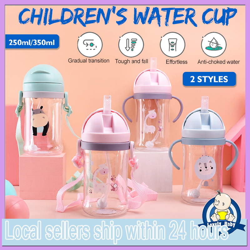 Baby Straw Water Cup 350/250ML Drinking Bottle with Flip Cover Cartoon Gravity Ball Leakproof Feeding Nursing Sippy Cup with Handle MY223