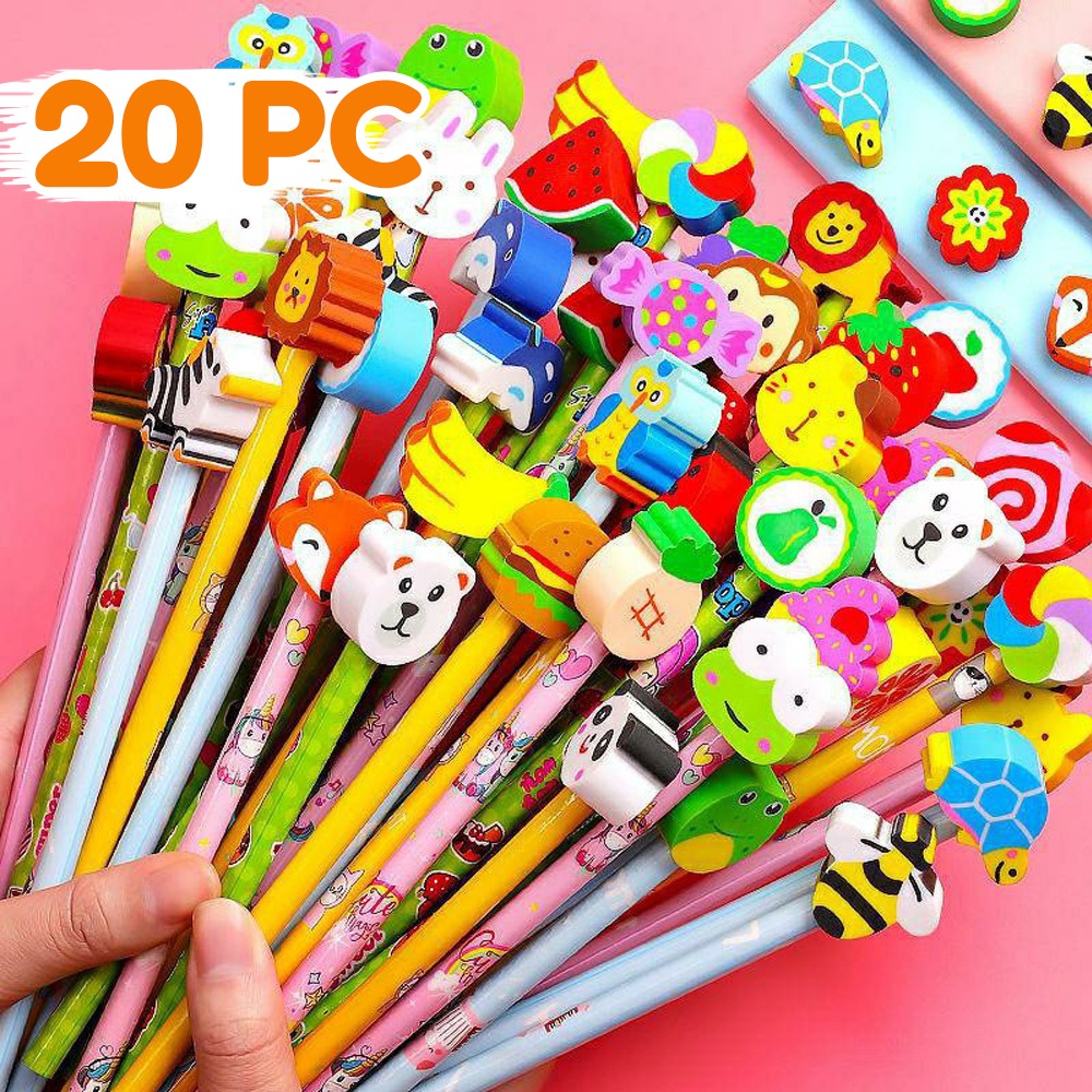 Cartoon Pencil Set with Cute Eraser for Kids Rubber Head Pencils School Supplies Student Use