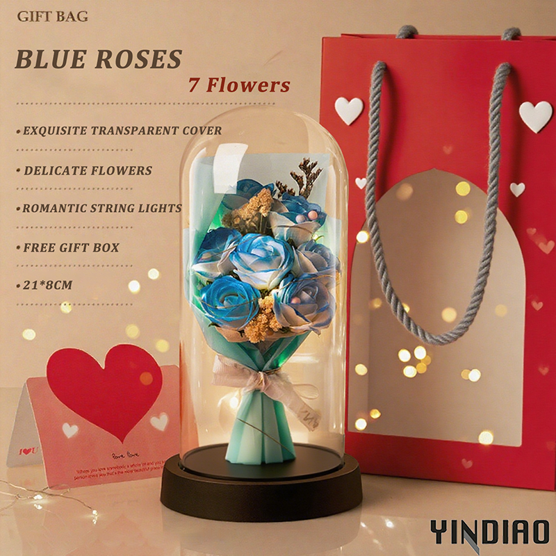 YINDIAO Artificial Rose Flower Lamp Transparent Cover Flower Bouquet LED Night Light Birthday Valentines Teachers Gift